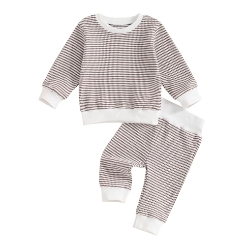 Image of Gueuusu Fall Winter Toddler Baby Boy Outfit Waffle Knit Long Sleeve Sweatshirt Pullover Tops and Pants Set