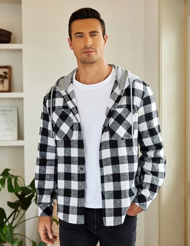 COOFANDY Men's Flannel Hoodie Plaid Shirt Long Sleeve Button Down Casual Shirt Jacket Lightweight Fall Shacket3