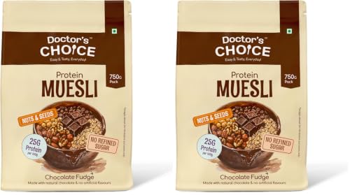 Image of DC DOCTORS CHOICE High Protein Multigrain Muesli|25 Gm Protein|No Maida|No Palm Oil|Jaggery Sweetened Fiber-Rich|Preservative-Free|Healthy Crunchy Treat|750 Gram|Chocolate|1 Count (Pack of 2)