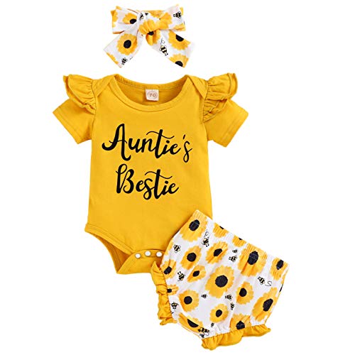 GRNSHTS Baby Girls Sunflower Shorts Set Fly Sleeve Ruffled Romper + Sunflower Diaper Shorts Summer Outfits(Yellow,3-6M)