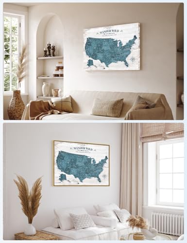 Image of IPIC - Custom USA Map Wall Art, Push Pin Travel Map with Custom Names to Track Your Travels, Vintage Teal Farmhouse Style Framed Canvas Wall Decor for Home, Office or RV, Ready to Hang
