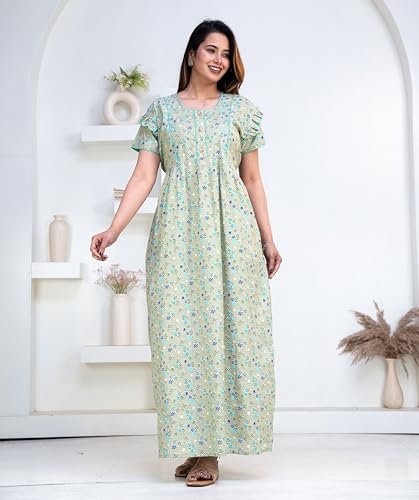 Image of Pure Cotton Designer Nighty for Women | Night Gown | Nightdress | Maxi Nighty | Sleepwear | Jaipuri Nighty | Nighties | Cotton Night Gown for Women /Girls with Belt Pink