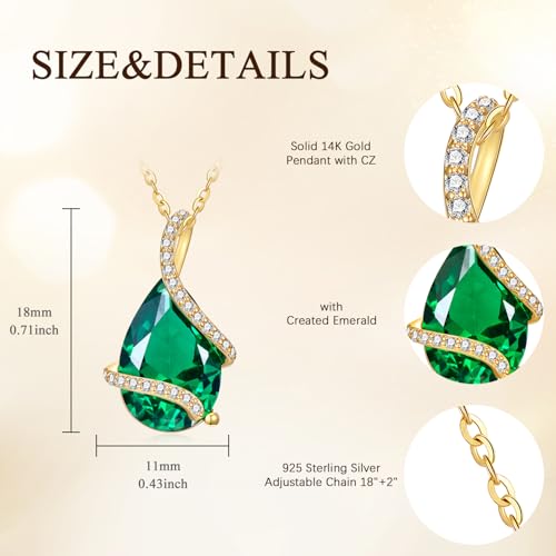 Solid 14K Gold Pear Shaped Birthstone Necklace for Women, 4 Carat Teardrop Created Gemstone Pendant Necklaces Fine Jewelry Gifts for Mom Nana Mother's Day Birthday Christmas, 16"+2"2