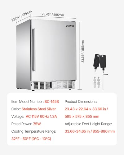 Image of VEVOR 24-Inch Indoor /Outdoor Beverage Refrigerator, 150 QT Freestanding or Undercounter Beverage Fridge, 180 Cans Built-in Beer Fridge with Stainless Steel Body for Residential Home Bar Commercial Use