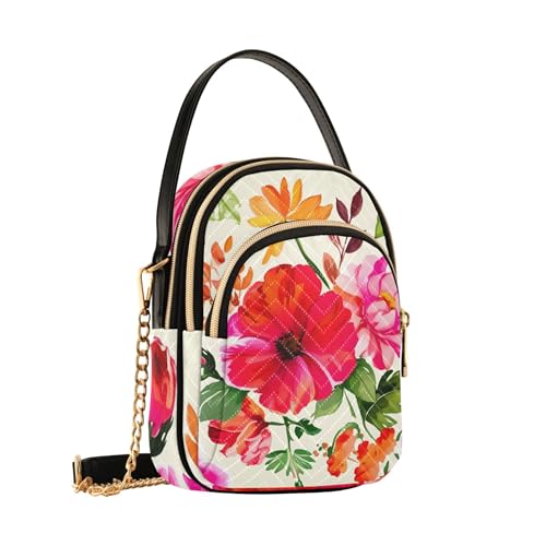 Shoulder Handbag Women Floral Pink Red Flowers Quilted Phone Handbag Small Chain Purse Cute Zipper Bowler Tote Ladies Satchel, 5.9" × 8.3" × 3.1"2