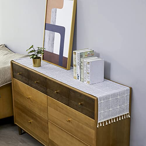 Armindou Boho Farmhouse Table Runners 90 Inches Long, Cotton Linen Plaid Vintage Table Runner With Tassels Modern Rustic Hemstitched Table Runner For French Country Dining Room Decor 14 X 90 Inch Gray #TOP4