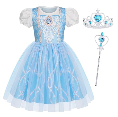 Berich Princess Dress up with Crown Princess Costumes for Girls Halloween Outfits Christmas Gifts World Book Day Week Blue Dress for Girls 3-4 Years(Blue 110)