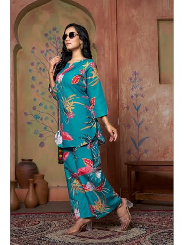 Image of DHRUVI TRENDZ Kurta Sets for Woman | Co ord Set for Women Stylish | Kurti Set for Woman | Short Kurti for Women | Kurtis | Ethnic Floral Straight Kurta Set's with Palazzo Pants