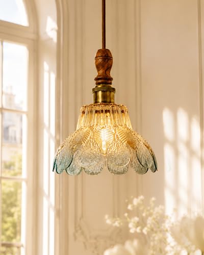 Image of Homesake Botanica Pendant Lamp | Petal Scalloped Glass Hanging Light with Solid Wood Top | Vintage European Ceiling Fixture, Pendant Light for Home Decor, Hallway, Kitchen & Balcony, (Petal, Blue)