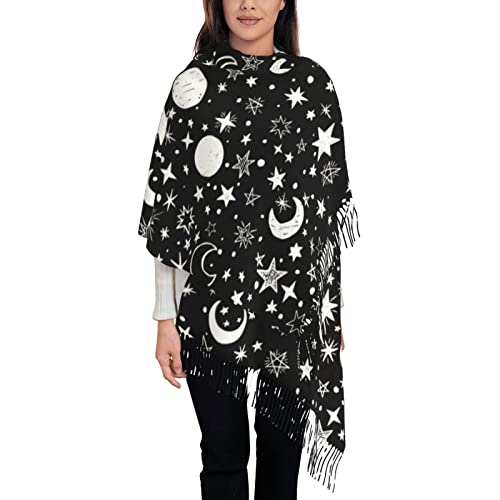 Bagea-Ka Black White Moon and Star Pattern Scarf Long Shawl Wraps Pashmina for Women Girls with Tassels Soft Warm Cozy2