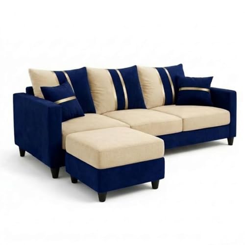 Image of Jester 4 Seater L Shape Sofa Set with Movable Ottoman | Flexible Left or Right Layout | Luxury Velvet Suede Fabric | Modern Living Room Sofa | Dark Blue-Cream