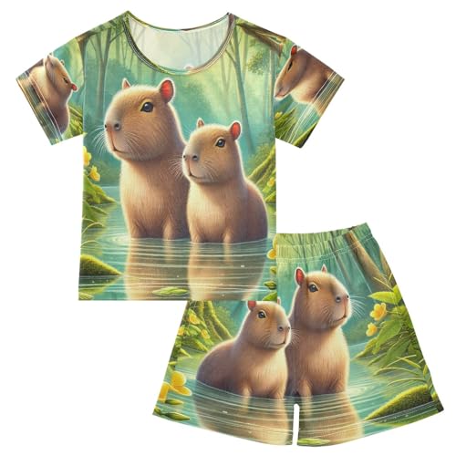 Capybara Woods Pajama Set Short Sleeve Sleepwear Soft Pajamas Shorts Sets Cotton PJS 5Y