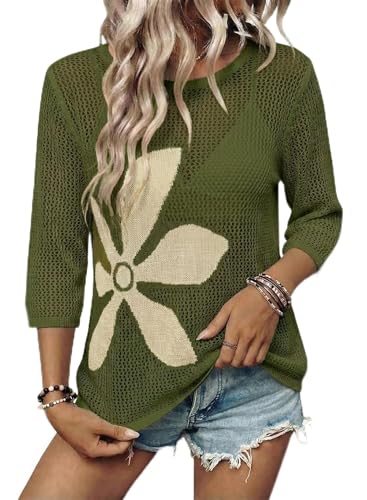 Dokotoo Beach Vacation Clothes for Women Swimsuit Coverup Crewneck Half Sleeve Bathing Suit Crochet Beach Floral Hollow Out Slit Bikini Fashion Clothing Vacation Cruise Outfits Jungle Green