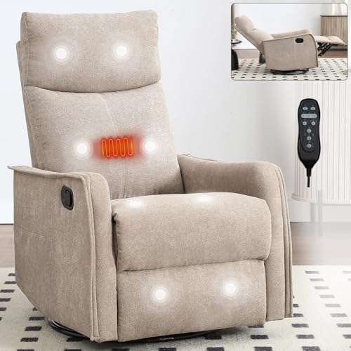 Image of Massage Chair Recliner with Heat, Swivel Rocking Chair Recliner with High Back, Manual Lazy Boy Recliners for Adults,Small Recliner Chair for Small Spaces, Living Room Bedroom, Fabric (Khaki)