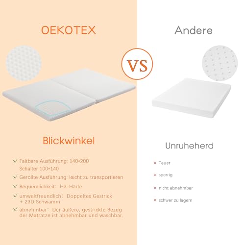 Generisch Kaltschaummatratze, Faltbar, 140x200 cm, H3-Härte, OEKOTEX, Abnehmbarer Bezug, Atmungsaktiv, Weiß – Bild 5