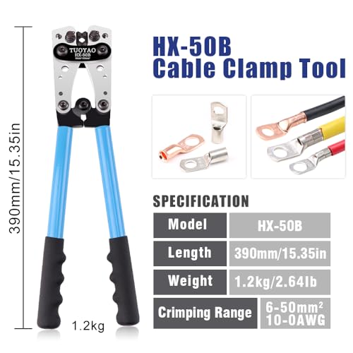 TUOYAO Battery Cable Lug Crimping Tool,Electrical Lug Crimper with 60pcs Wire Lugs and Heat Shrink Tubing for AWG 10-1/0 Battery Terminal,Copper Lugs Terminals