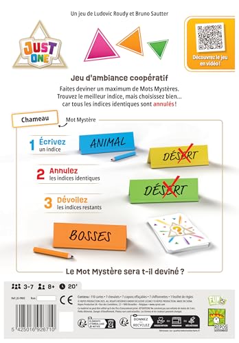 Asmodee - Just One - Jeu de Société Coopératif pour Enfants dès 8 Ans - Jeu de Cartes d'Ambiance en Famille avec Mots à Deviner - 3 à 7 Joueurs - 20 Min - Version française