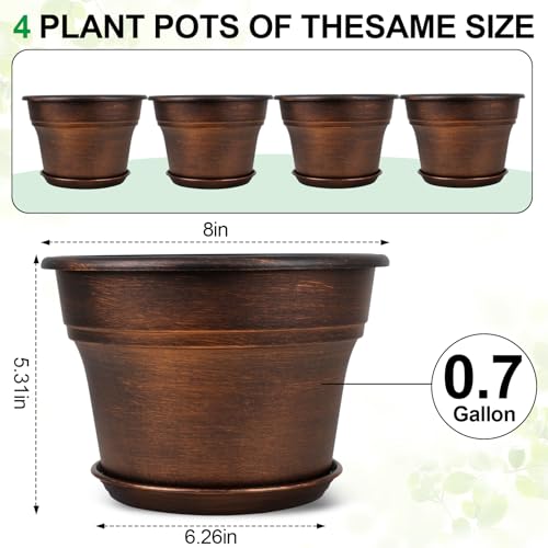 Plant-Planters-Pots-Set-of-4-Pack-8-Inch-Plastic-Flower-Pot-for-Indoor-Plants-with-Drainage-Holes-Trays-Resin-Decorative-Container-Sets-with-Saucer-for-House-Outdoor-Garden-Planters-Copper Plant Planters Pots Set of 4 Pack 8 Inch Plastic Flower Pot for Indoor Plants with Drainage Holes Trays Resin Decorative Container Sets with Saucer for House Outdoor Garden Planters Copper