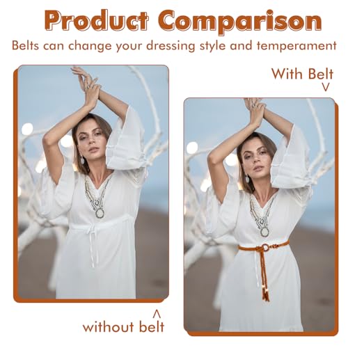 Women's Tassel Braided Waist Belt, Skinny Woven Belt for Dress Waist Belt Rope Chain with Woven Wooden Beads3