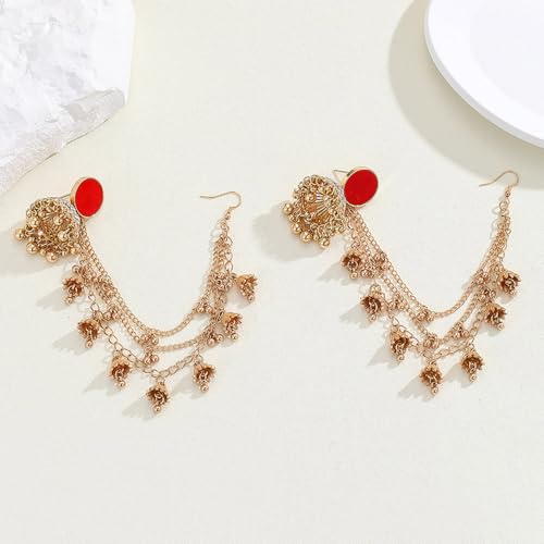 Bollywood Jhumkas Drop Earrings for Women Boho Vintage Bell Beaded Bride Earring Exotic Indian Earring Dangle Tassel Layered Chain Gypsy Ethnic Traditional Jhumki Wedding Accessories Christmas Jewelry Gifts4
