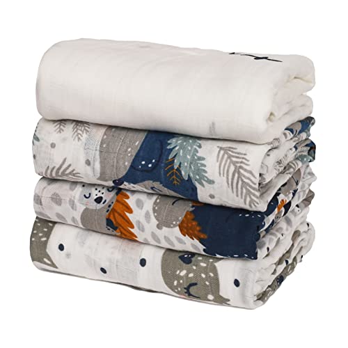 Image of Viviland Muslin Baby Swaddle Blankets, Soft Nursery Swaddle for Newborn Boys and Girls, Gender Neutral Receiving Blankets for Infants, Raccoon & Fox Pattern, 47 * 47 inches 4 Pack…
