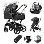 Zkiprm Leather 3-in-1 Kinderwagen, Reisesystem, Babywanne Buggy&Sportsitz, One-Touch-Fold, Kinderwagen mit Aluminiumgestell, Mumienbeutel/Regenschutz/Baumwollmatte für Neugeborene von 0-4 Jahren