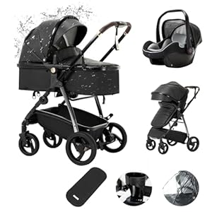 Zkiprm Leather 3-in-1 Kinderwagen, Reisesystem, Babywanne Buggy&Sportsitz, One-Touch-Fold, Kinderwagen mit Aluminiumgestell, Mumienbeutel/Regenschutz/Baumwollmatte für Neugeborene von 0-4 Jahren