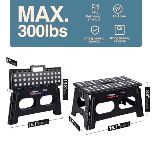 Image of Flottian 9 inch Folding Step Stool for Adults and Kids 15-Inch Extra Wide Stool Holds Up to 300 lbs,Non-Slip Folding Stools with Handle,Compact Plastic Foldable Step Stool for Bathroom,Kitchen,ect