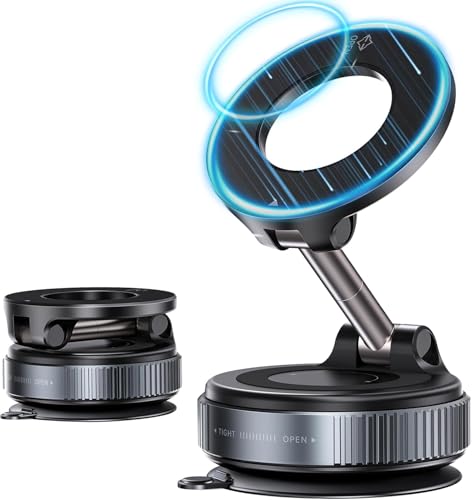 Image of EYUVAA LABEL Vacuum Ultra Suction Magnetic Phone Holder for Car, Foldable Mobile Holder with Easy Secure Grip Compatible with Mag Saf Car Mount, Windshield, Dashboard, Mirror (with Arm)