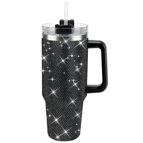 Pandance 40 oz Bling Rhinestone Tumbler with Handle and Straw, Black
