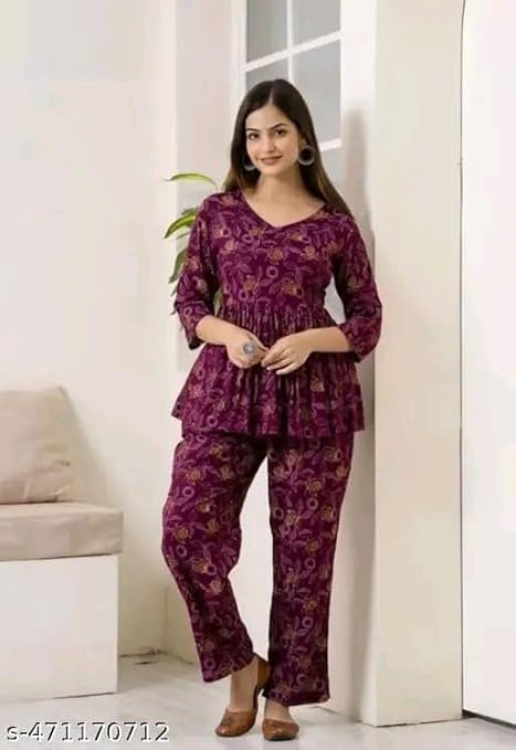 Image of Womens Rayon Printed Co-ord Set Stylish Casual Wear Top & Bottom Set Comfortable Wear Two Piece Outfit