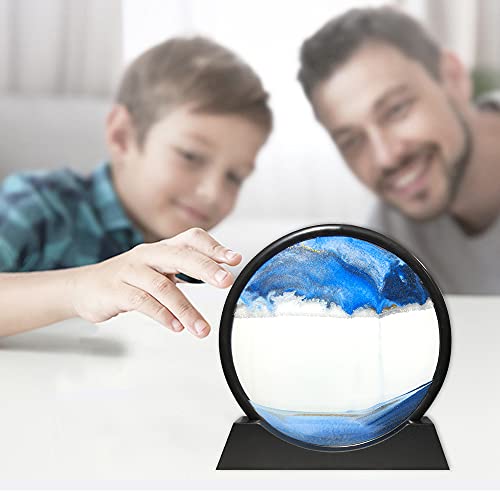 Image of Muyan Moving Sand Art Picture Sandscapes in Motion Round Glass 3D Deep Sea Sand Art for Adult Kid Large Desktop Art Toys (Blue, 12 Inch)