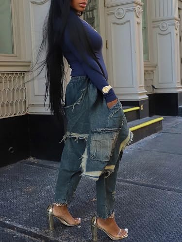 KANSOON Baggy Jeans Women Distressed Denim Harem Pants Elastic Waist Loose Fit Cropped Y2K Streetwear Jeans with Pockets Blue XL4