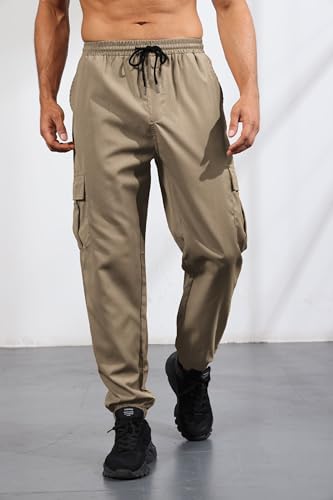 Mens Cargo Pants Casual Lightweight Elastic Waist Drawstring Tapered Pant with Pockets2