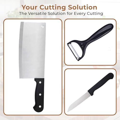 Image of HomeEssentials 3-Piece Professional Kitchen Prep Set - Includes 29.5cm Heavy-Duty Meat Cleaver, 19.5cm Utility Knife, and Ergonomic Peeler - Stainless Steel Blades with Non-Slip Handles