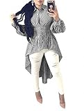 Ophestin Women Stripe Print Long Sleeve Bodycon High Low Asymmetrical Button Down Shirt Blouse Top B