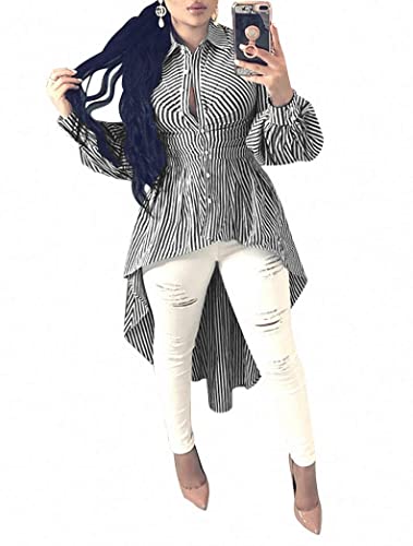 Ophestin Women Stripe Print Long Sleeve Bodycon High Low Asymmetrical Button Down Shirt Blouse Top Black Xl #TOP26