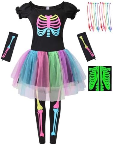 Girls's Rainbow Skeleton Costume,Glow In The Dark Tutu Dress Set ...