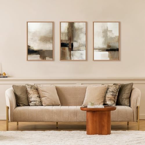 Ausril Large Abstract Neutral Framed Canvas Wall Art Set,Brown Beige Wall Decor,Minimalist Black Wall Painting,Modern Brush Stroke Line Art Print for Living Room,Bedroom,Office- 16"x24"x3 - 1