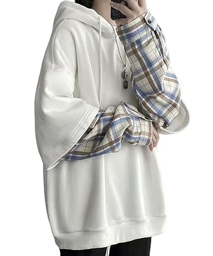 [ブランクブラン] カットソー 重ね着 レイヤード 風 メンズ チェック 柄 袖 大きめ 3シーズン オーバーサイズ ストリート系 スウェットパーカー おしゃれ アウター かっこいい トレーニング 丈長 チェックシャツ ストレッチ 大きい サイズ ロングパーカー ゆったりパーカー ユニセックス アウトドア キャンプ 洗える ロング丈 ウォーキング プレゼント 白 ホワイト 3A-B03-WHM