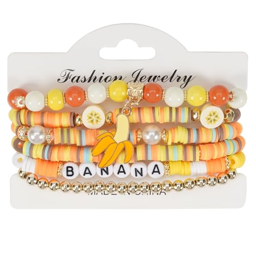 Heishi Surfer Friendship Bracelets Set Bohemian Cute Tropical Fruit Banana Avocado Cherry Strawberry Pineapple Mango Polymer Clay Gold Beads Stackable Stretch Bracelets for Women Preppy Jewelry2