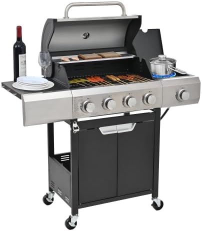 Propane Grill 4 Burner Barbecue Grill Stainless Steel Gas Grill with Side Burner and Cover for Outdoor BBQ, Camping