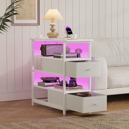 KeepGoon Mesa auxiliar auxiliar de 58 x 28 x 60,5 cm, con luz LED, cable de carga y toma eléctrica, mesa de salón con cajones, mesita de noche, expositor (blanco-2 cajones)