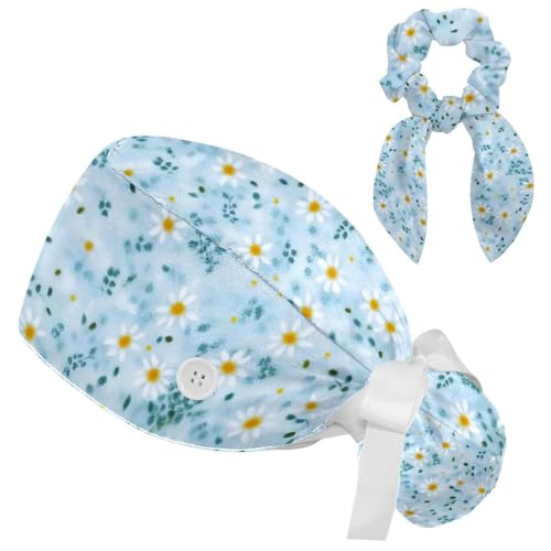 Image of Butterfly Scrub Cap Women with Ponytail & Buttons Adjustable Surgical Nurse Hat with Cotton Sweatband for Long Hair