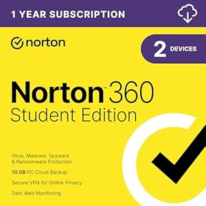 Norton 360 Student Edition, 2023 Ready, Antivirus software for 2 Devices – Includes VPN, PC Cloud Backup & Dark Web Monitoring [Download]