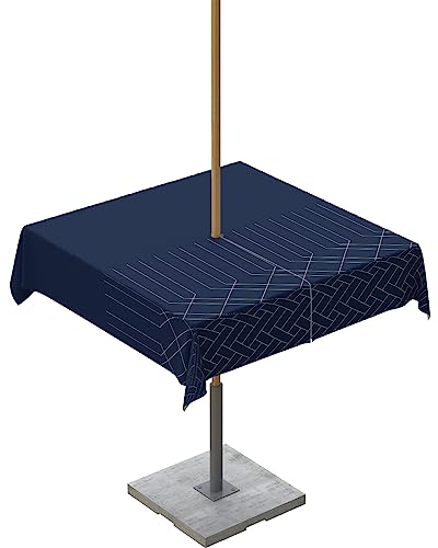 Navy Blue Outdoor Square Tablecloth with Umbrella Hole 54x54, Wrinkle Free Wipeable Fabric Table Cloth Waterproof Zippered Cover for Camping Picnic Patio Party, Abstract Minimalistic Geometric Stripes