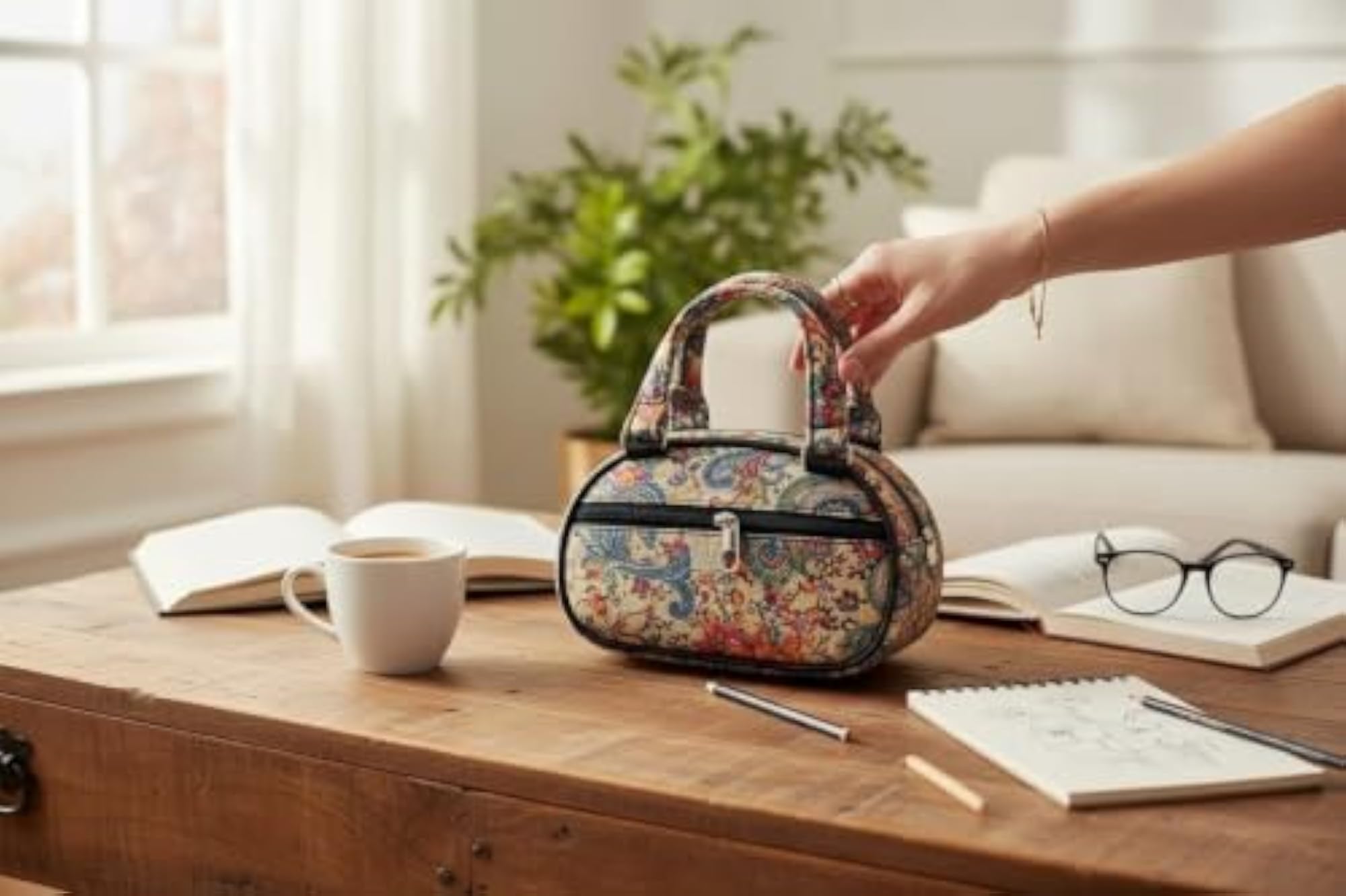 Women's Printed Cotton Mini Handbag Zip Closure Ethnic Purse
