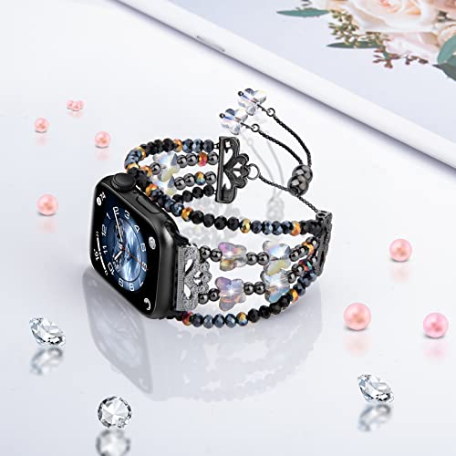 TOMAZON Butterfly Dressy Bracelet Bands Compatible for Apple Watch Series 9 41mm 40mm 38mm, Thin Slim Beaded Charm for Women, Handmade Bling Crystal Wristbands for iWatch Series 8/7/SE/6/5/4, Black