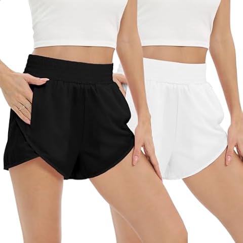 Guliaofo 2pcs Womens Athletic Shorts High Waisted Running Shorts Gym Shorts Casual Sport Shorts with Pockets 2024 Black White, Large Cover