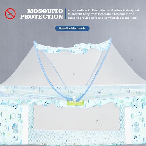 Image of BAYBEE Clora Baby Cradle and Swing with Mosquito Net | Jhula Palna for Newborns | 360 Rotating Lockable Wheels & Storage Basket | Light Blue
